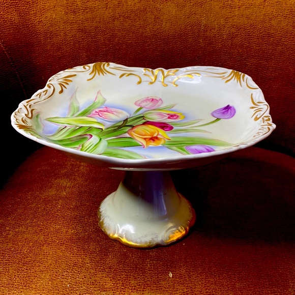 Accents Vintage Pedestal Plate Decorated With Hand Painted Tulips Marked Poshmark